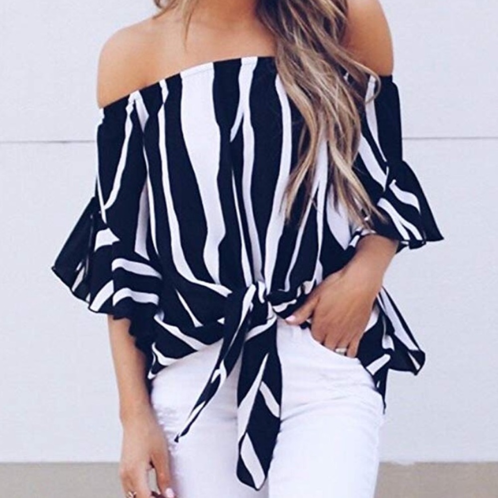 Off The Shoulder Striped Blouse with Tie L